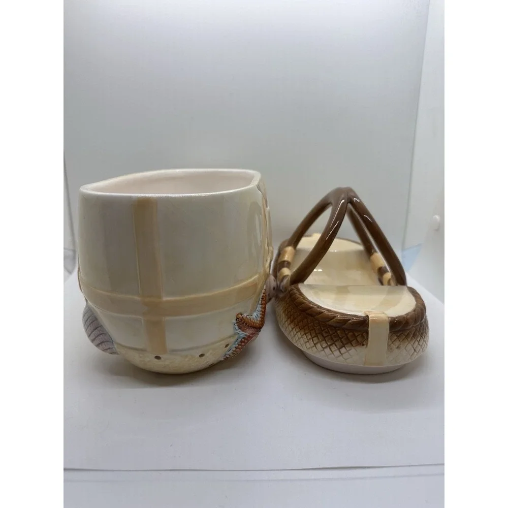 Vtg Ceramic Figural Beach Bag Shape Relief Shells 9.5‎ in Nautical Cookie Jar